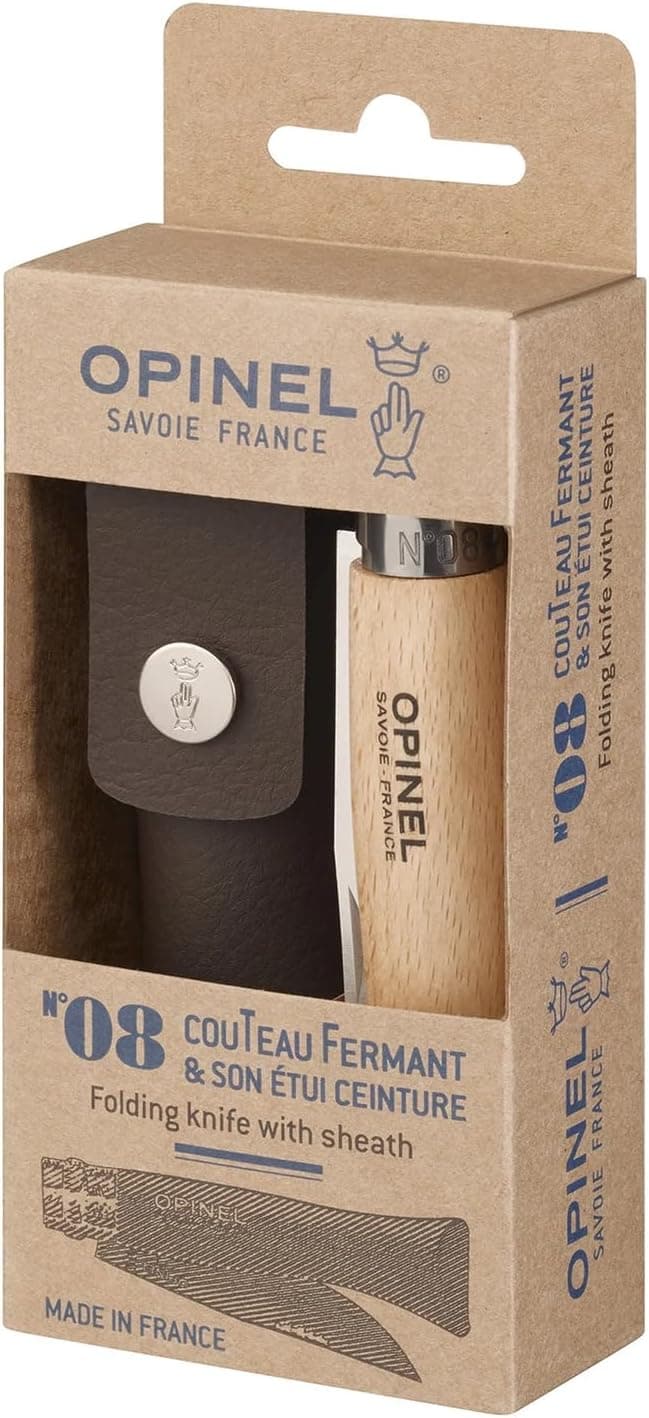 OPINEL No. 08 Stainless Steel Folding Knife, Beechwood Handle + Sheath