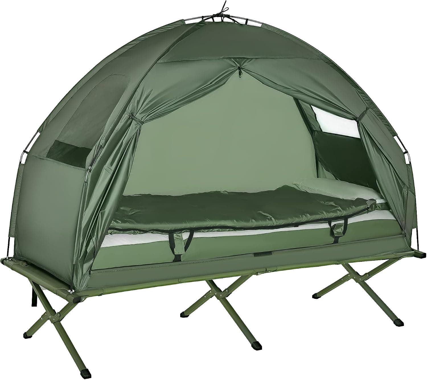 Outsunny Camping Cot Tent, 6-in-1 Single Person Folding Tent Cot with Mattress, Pillow, Sleeping Bag, Bed Cover, Carry Bag