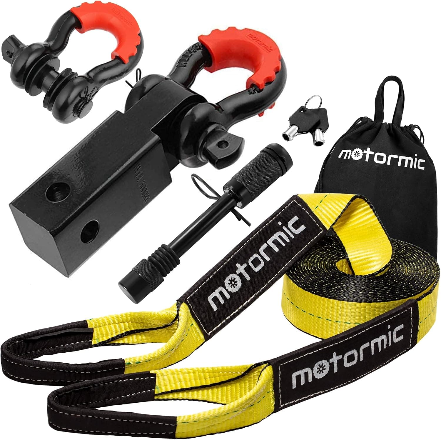 Motormic Tow Strap Recovery Kit - 3" x 30ft (30,000 lbs) Rope + 2" Shackle Hitch Receiver + 5/8" Locking Pin + 3/4" D Ring Shackles + Heavy Duty Bag