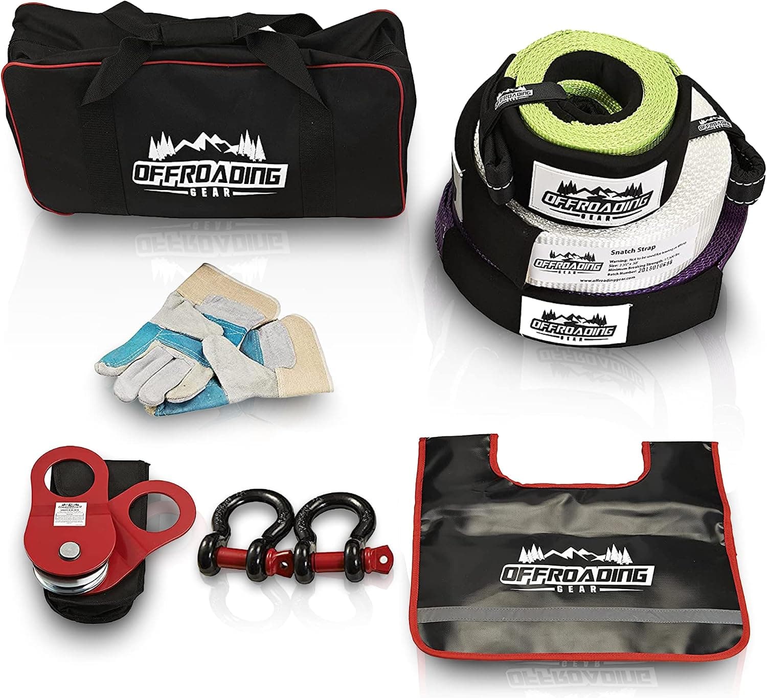 Offroading Gear 4x4 Off-Road Vehicle Equipment Recovery Kit with Snatch Strap, Winch Extension, Tree Trunk Protector, Shackles