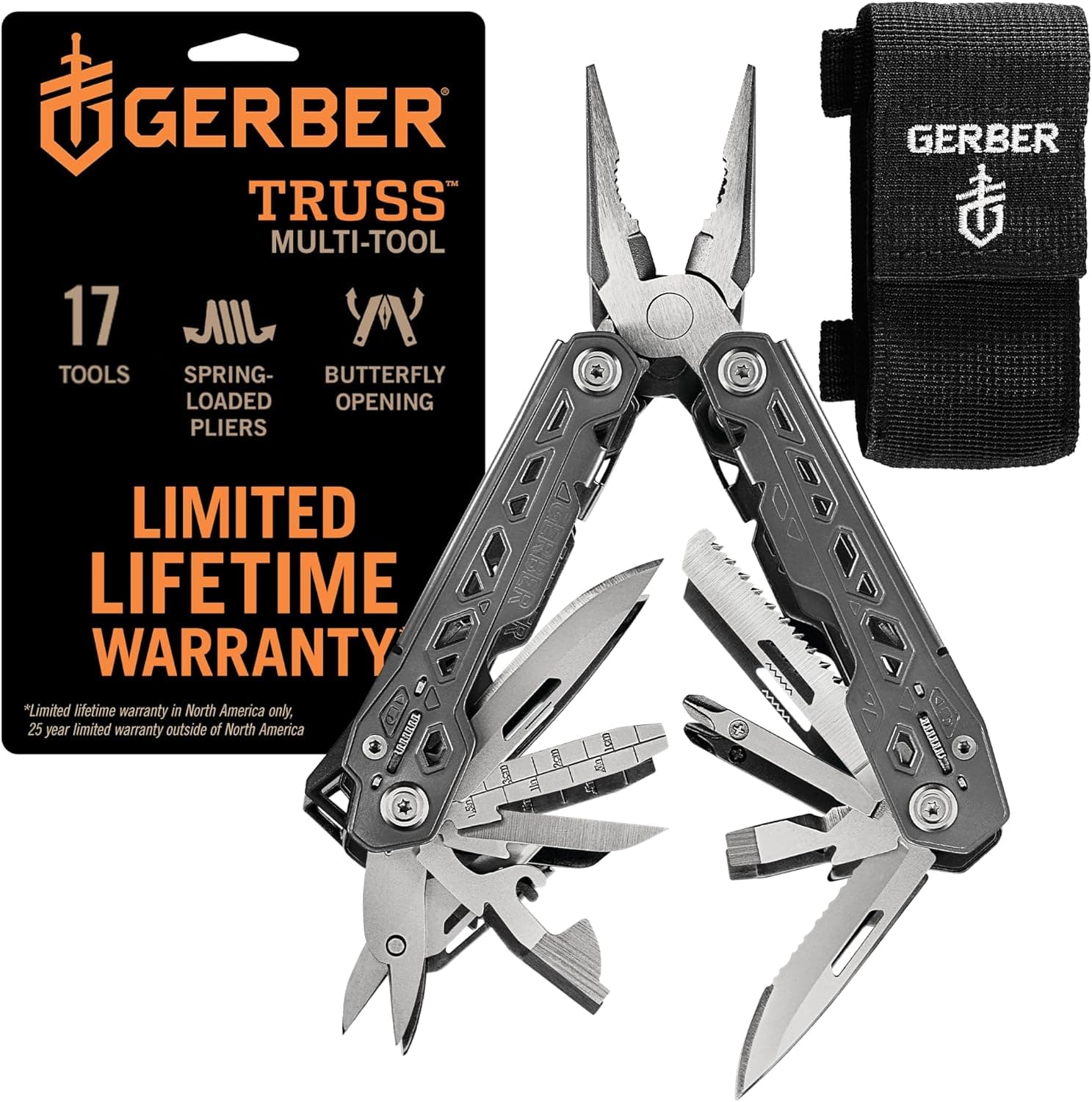 Gerber Gear Truss 17-in-1 EDC Needle Nose Pliers Multi-Tool with Pocket Knife, Gray with Sheath
