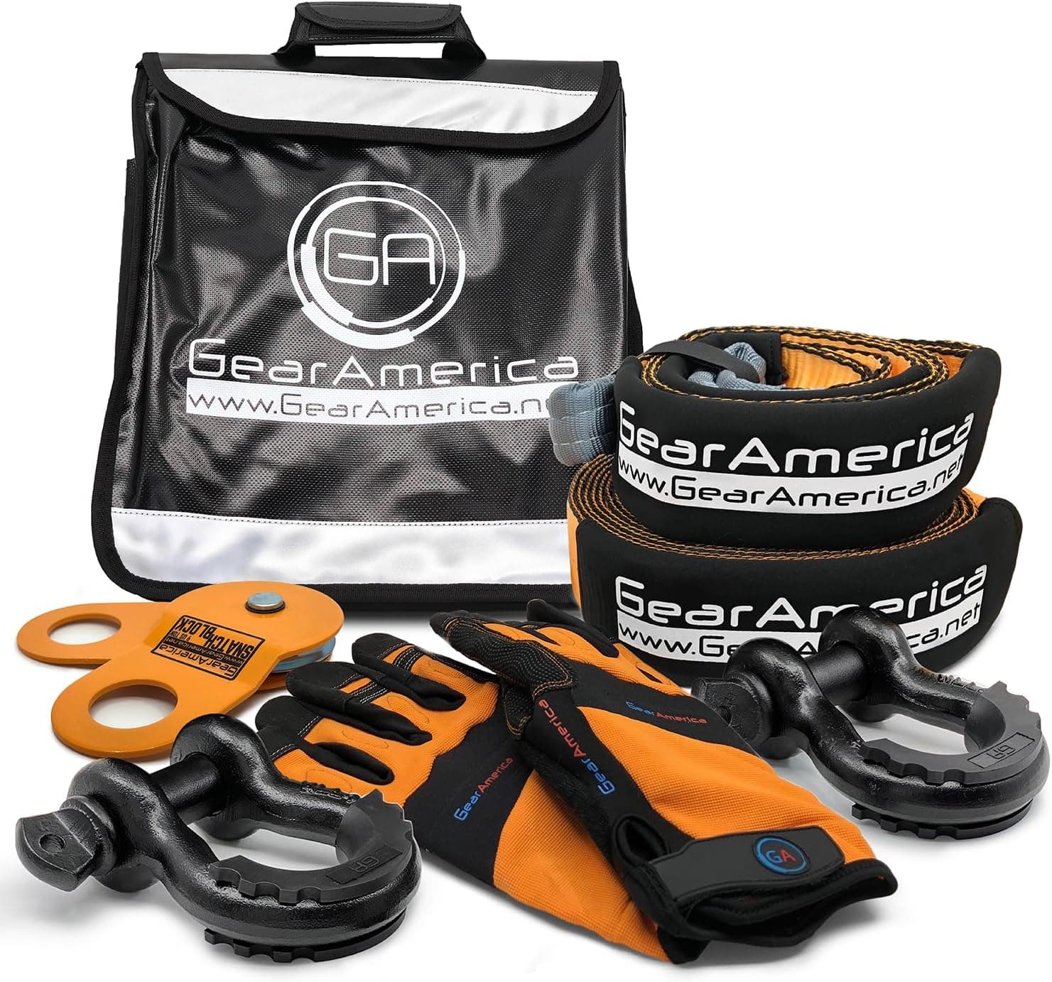 GearAmerica Off Road Recovery Kit, 9 Ton, Includes Tow Strap, Tree Saver, Snatch Block Pulley, D-Ring Shackles, Winch Line Dampener Bag, Gloves