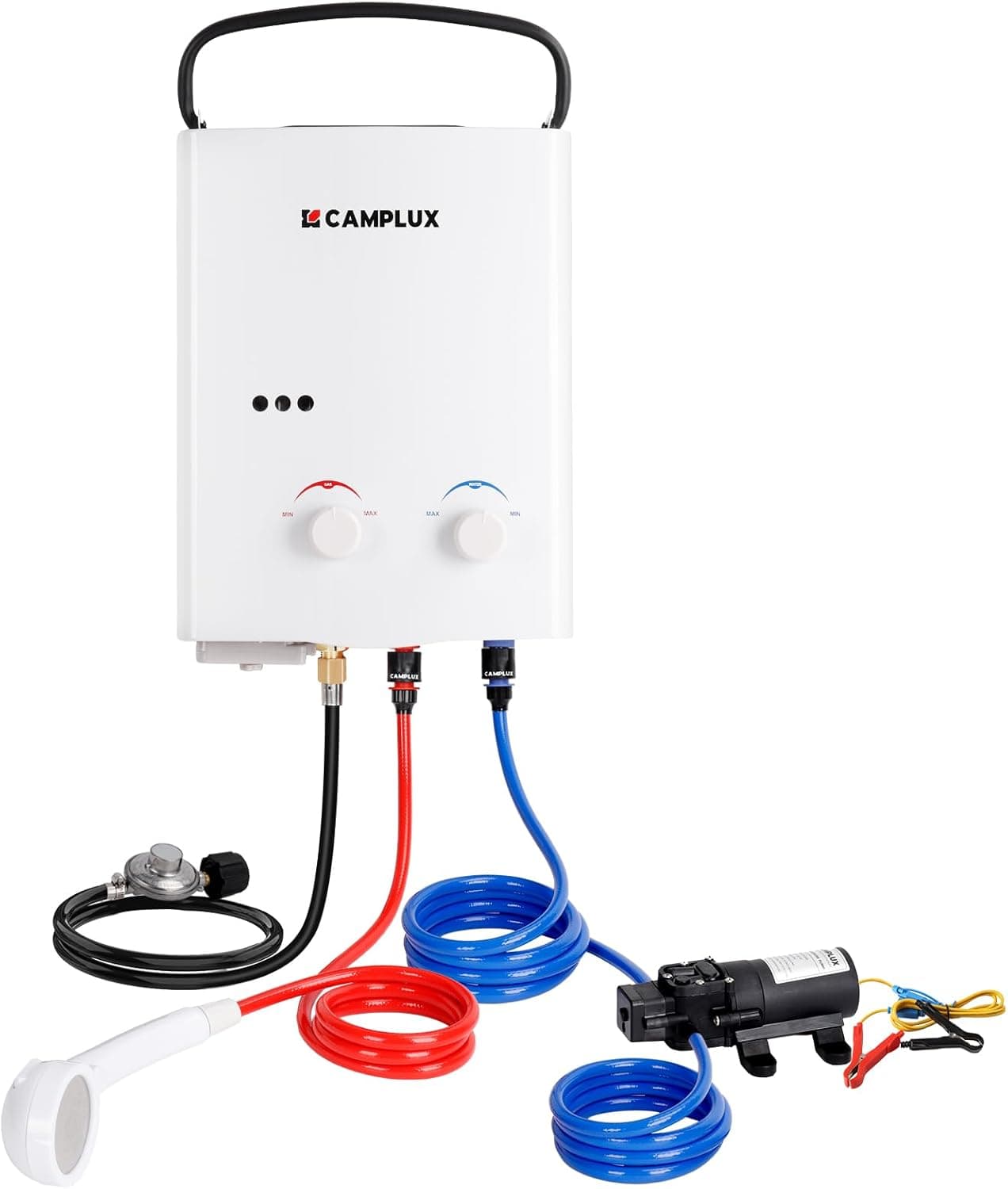 CAMPLUX Portable Propane Water Heater & Pump Kit, 1.32 GPM Tankless Gas Shower System with 12V Pump, AY132P43 (White)