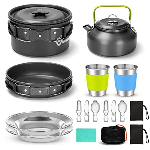 Odoland 19pcs Camping Cookware Mess Kit, Non-Stick Pot Pan Kettle Set for 2