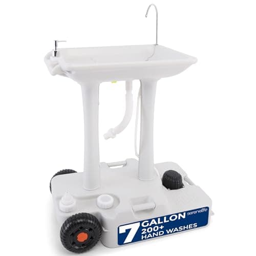 SereneLife Portable Camping Sink with 30L (7+ Gallon) Built-In Water Tank, Large Wheels, Hands-Free Foot Pump, Extra-Large Basin, and 5L Soap Dispenser - Ideal for Outdoors, Camping, and Worksites