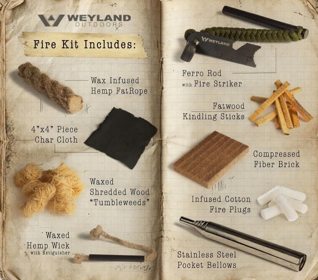 WEYLAND Fire Starting Kit Ferro Rod & Magnesium with Fatwood Sticks & Tinder