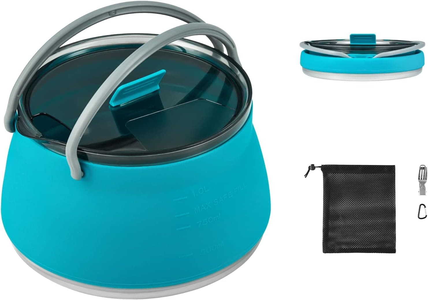 EEZEE 1L Collapsible Camping Kettle Portable Travel Kettle Folding Silicone Camping Cook Pot with Lid BPA-Free Backpacking Pot, Blue