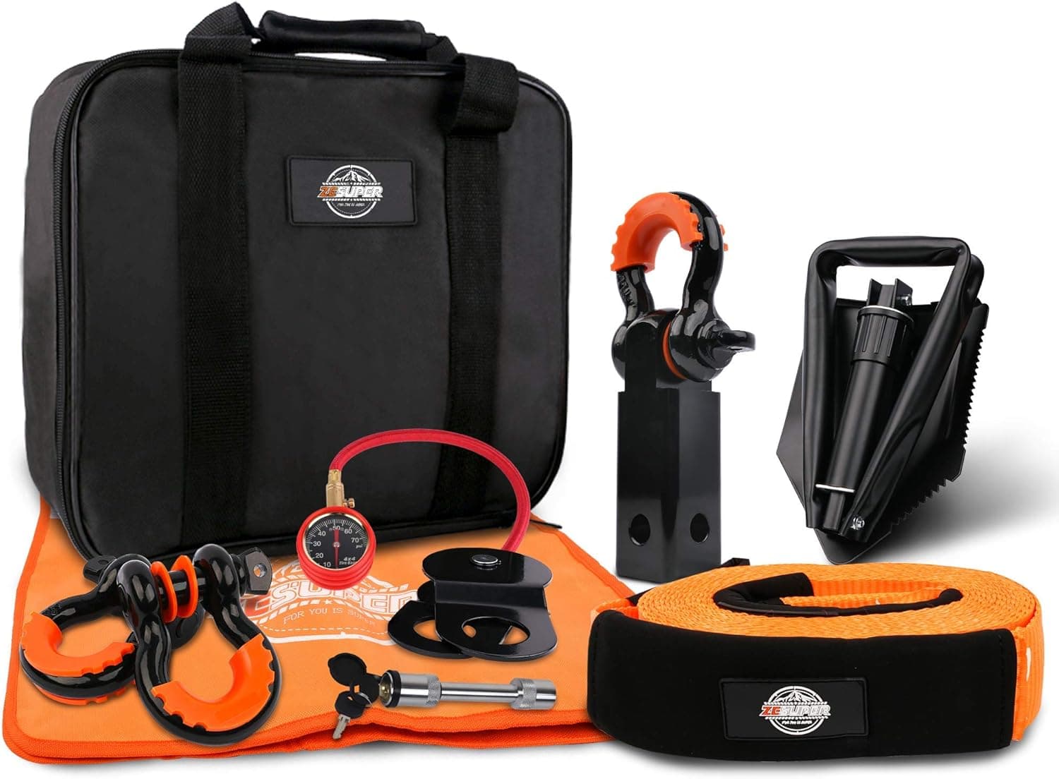 ZESUPER Heavy Duty Tow Strap Recovery Rope Kit 3" x 30' Snatch Straps 26,500lb + 3/4" D Ring Shackles (2PCS) + Winch Damper Storage Bag + 2" Hitch Receiver