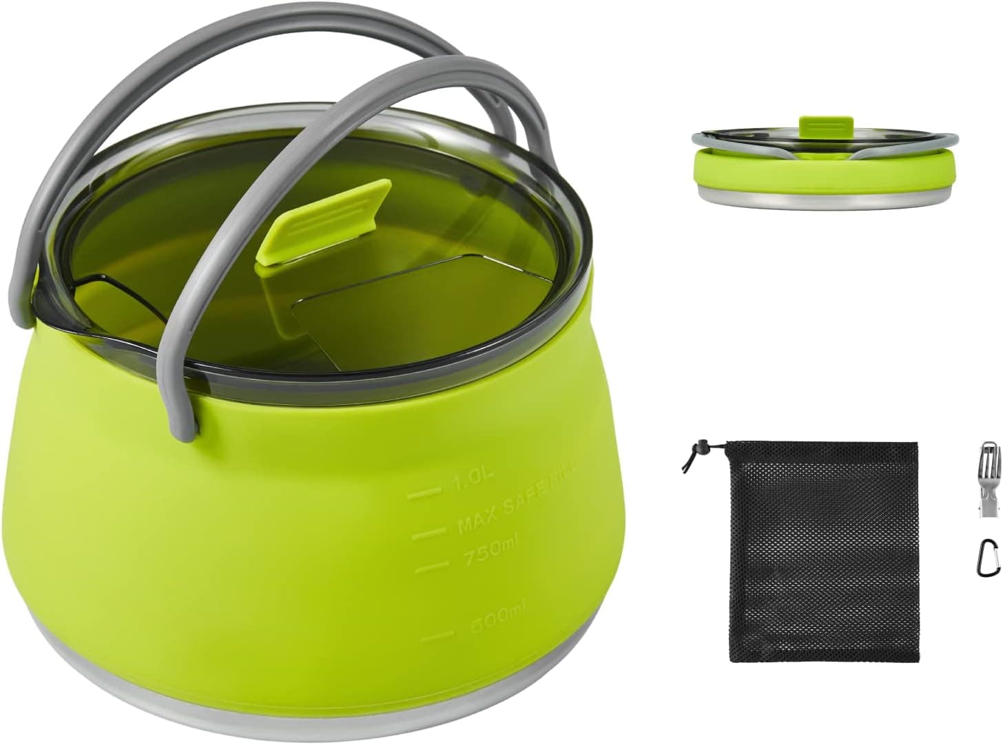 EEZEE 1L Collapsible Camping Kettle Portable Travel Kettle Folding Silicone Foldable Compact Hiking Water Boiler with Lid, with Blue Bowl