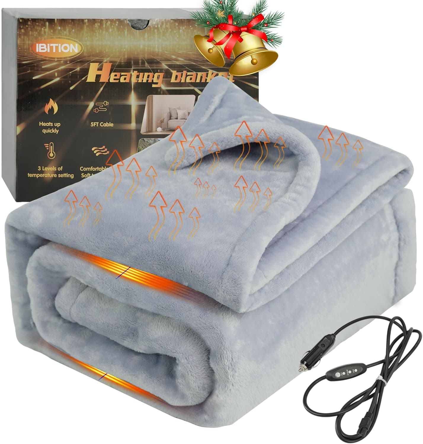 IBITION 12V Heated Blanket for Car, Machine Washable Electric Travel Blanket Plug in Flannel 40x55" with Controller 3 Heating Levels