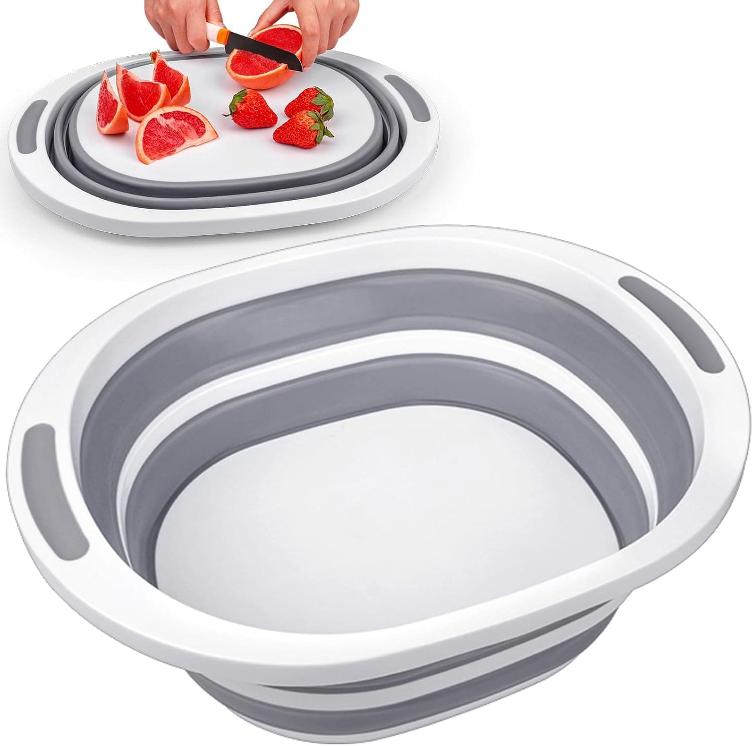 Collapsible Wash Basin, 7.5L Dish Tub Sink Basin Folding Dish Pans, 2-in-1 Dishpan + Cutting Board, Portable Camping Sink