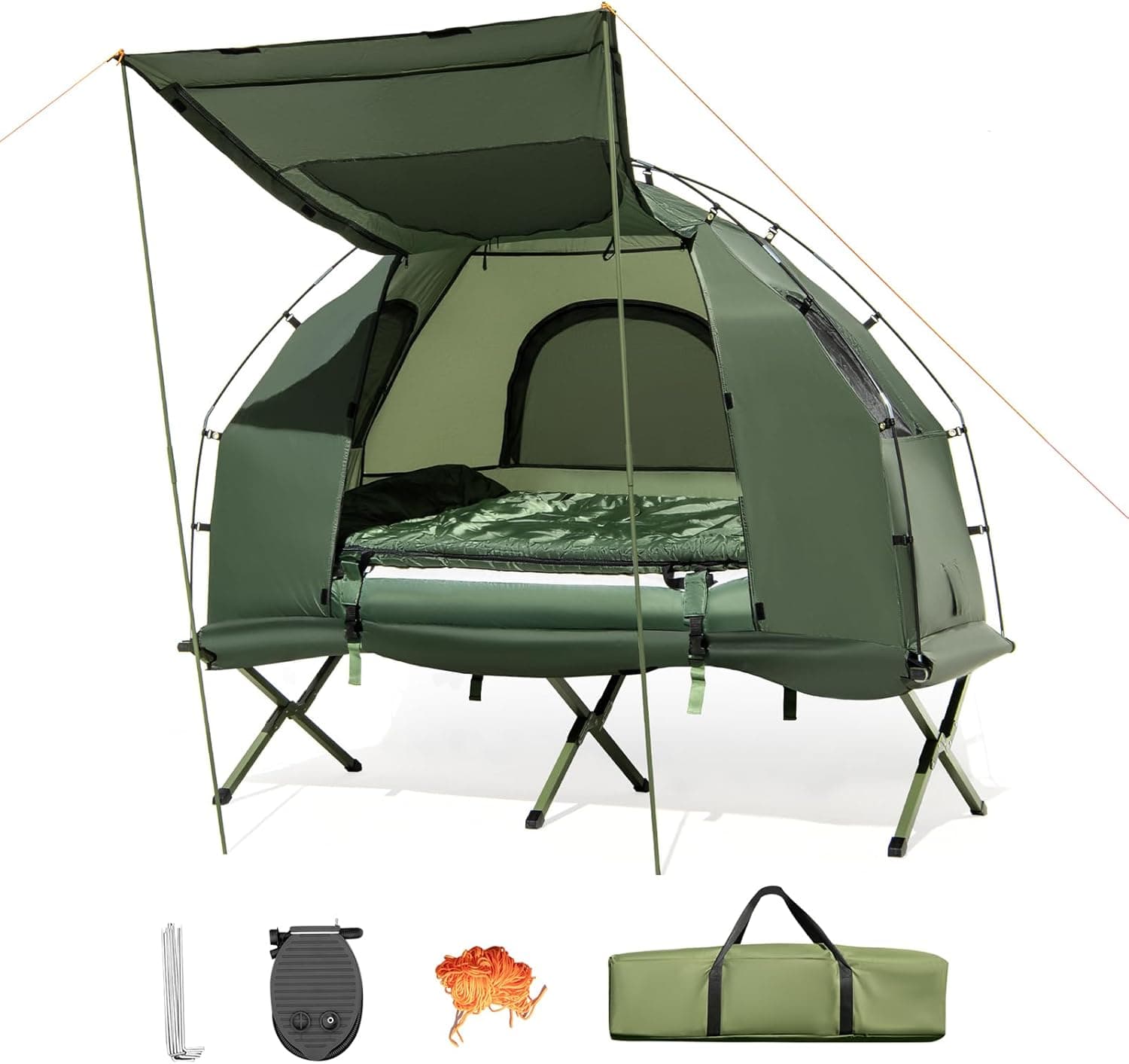 KOTEK 5-in-1 Tent Cot, Off The Ground Camping Cot with Air Mattress, Sleeping Bag, Pillow, Canopy & Carry Bag (1 Person)