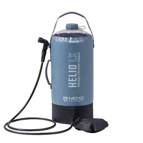 NEMO Equipment Helio Portable Camp Shower - Fortress/Silt/Black - 22L | Pressurized, Built-in Foot Pump, Large Capacity, Packable, Beach, Pet