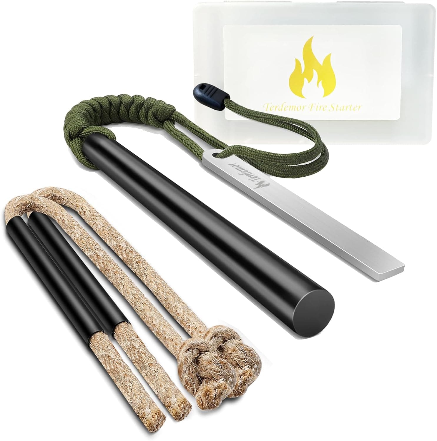 Ferro Rod Fire Starter Kit 5" Flint and Steel with Tinder Cord & Paracord