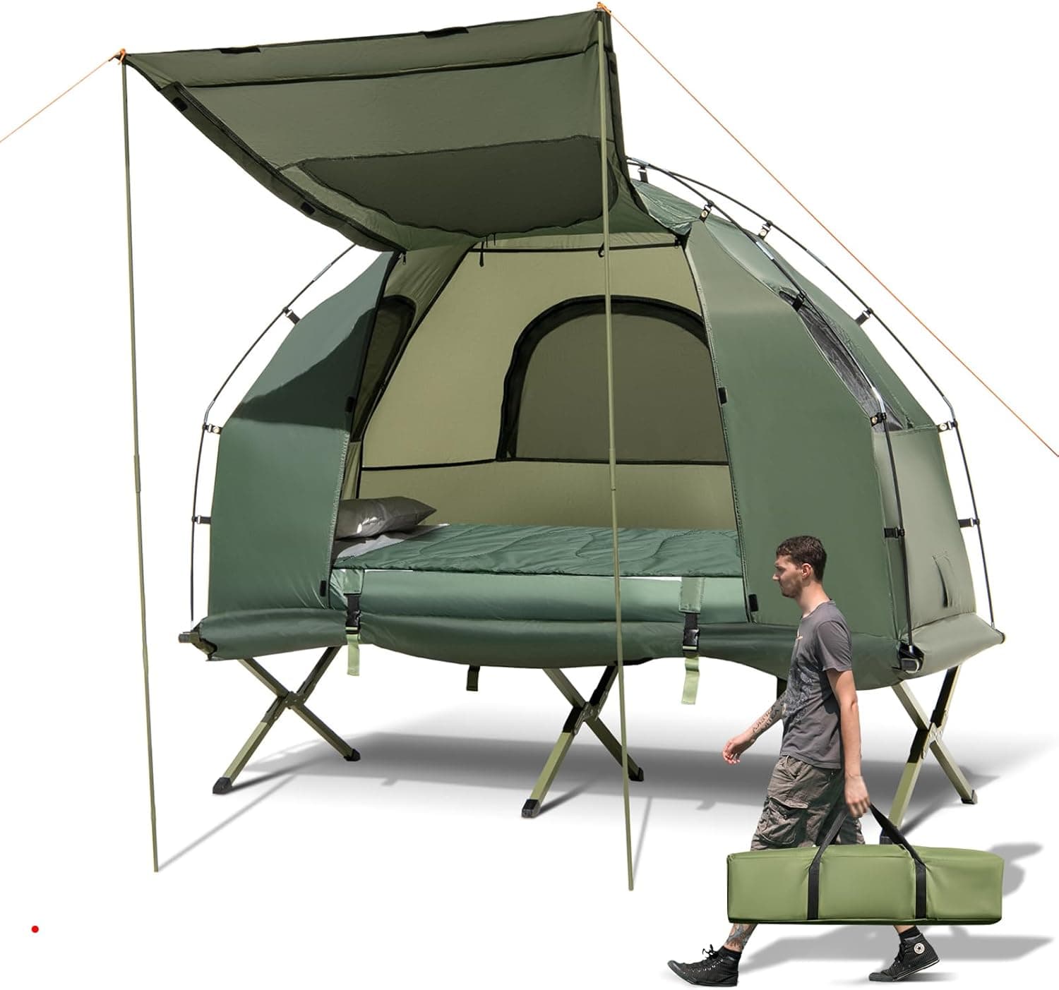 LDAILY Camping Tent Cot, 5 in 1 Off Ground Elevated Tent with Air Mattress, Sleeping Bag & Pillow, Folding Camping Cot Combo (1 Person)
