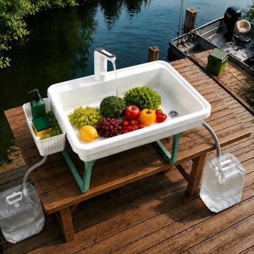 Portable Sink for Camping With 2x15L Foldable Water Bag, Outdoor Hand Washing Station with Faucet, Camping Sink with Drain Hose, No Plumbing Required, for RV, Fishing, Picnic, Travel & Outdoor
