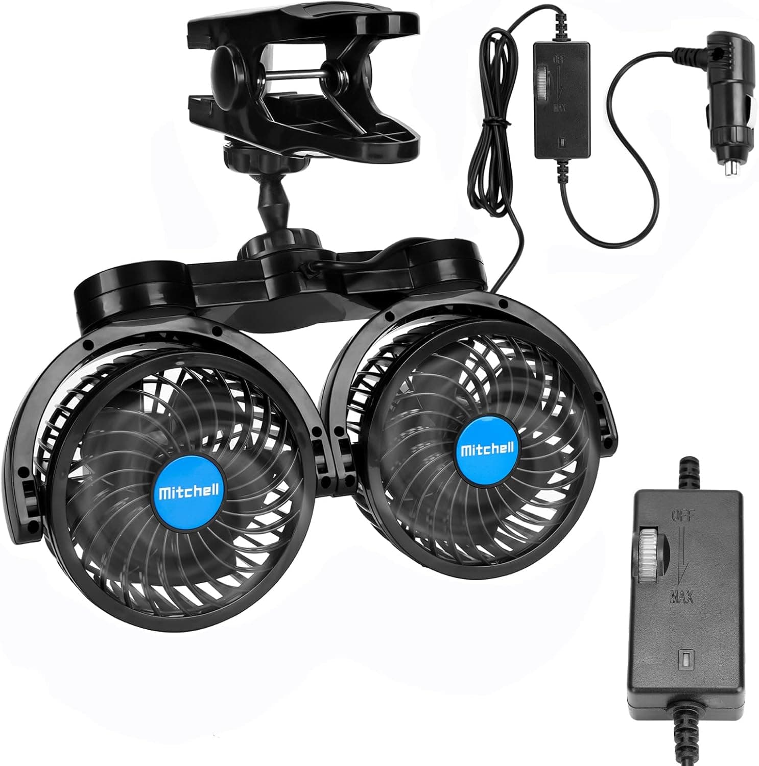 Hynoo 12V Dual-Head Car Clip Fan (Cigarette Lighter)