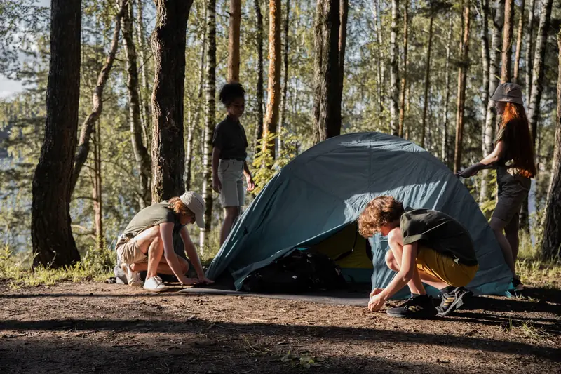 Group of teenagers setting up a tent during a camping trip in a sunlit forest
