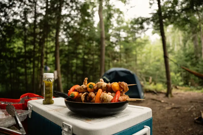 Grilled skewers on a cooler by a tent in the forest, perfect for camping vibes